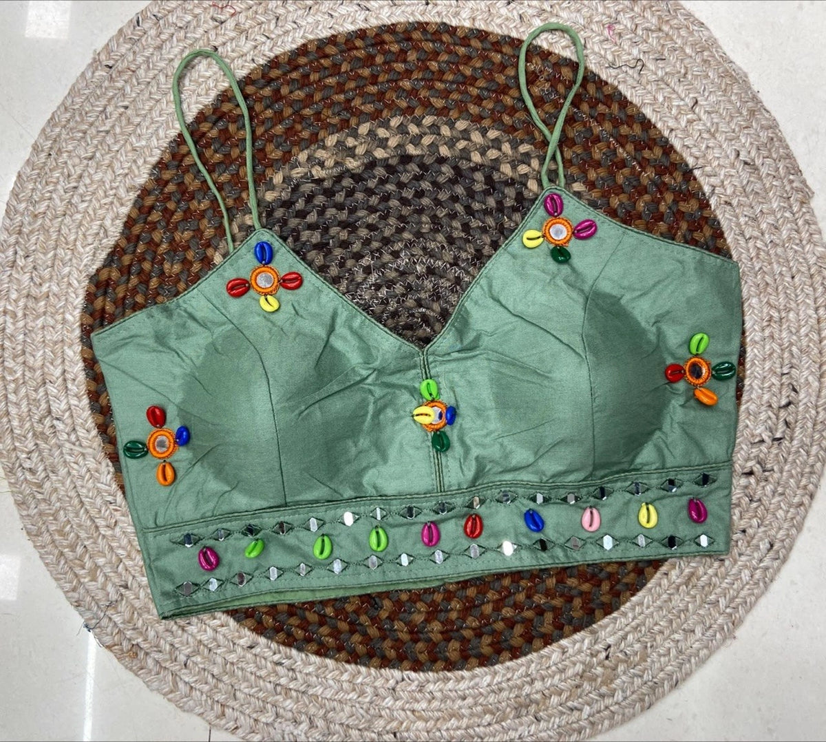 Mint Green Kodi with Mirror Work Blouse – Kalyanja KB46