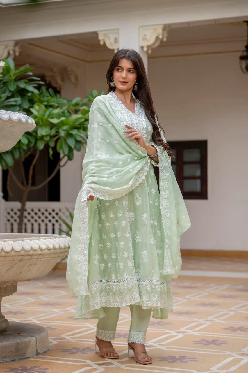 Mint Green Lakhnowi Suit Neckline Detail KU270 Kalyanja