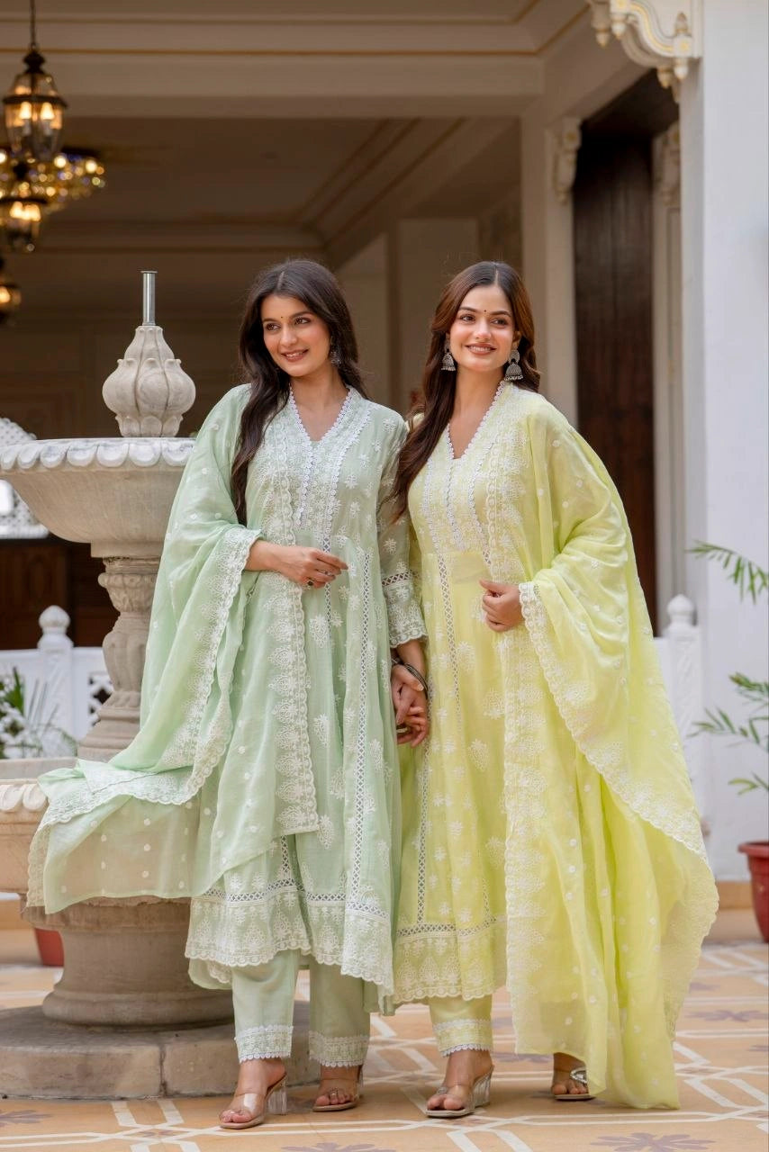 Mint Green Lakhnowi Work Suit Full Length KU270 Kalyanja