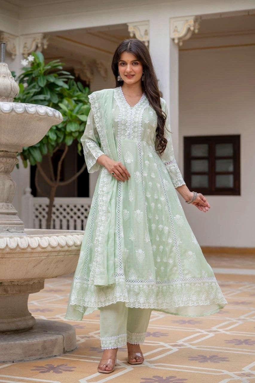 Mint Green Lakhnowi Work Suit Side View KU270 Kalyanja