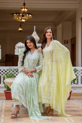 Mint Green Pale Yellow Lakhnowi Work Suit Set KU270 Kalyanja