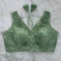 Pista Green Embroidery Work Silk Blouse