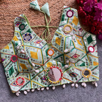 Light Pista Soft Silk Embroidery with Mirror Work Blouse