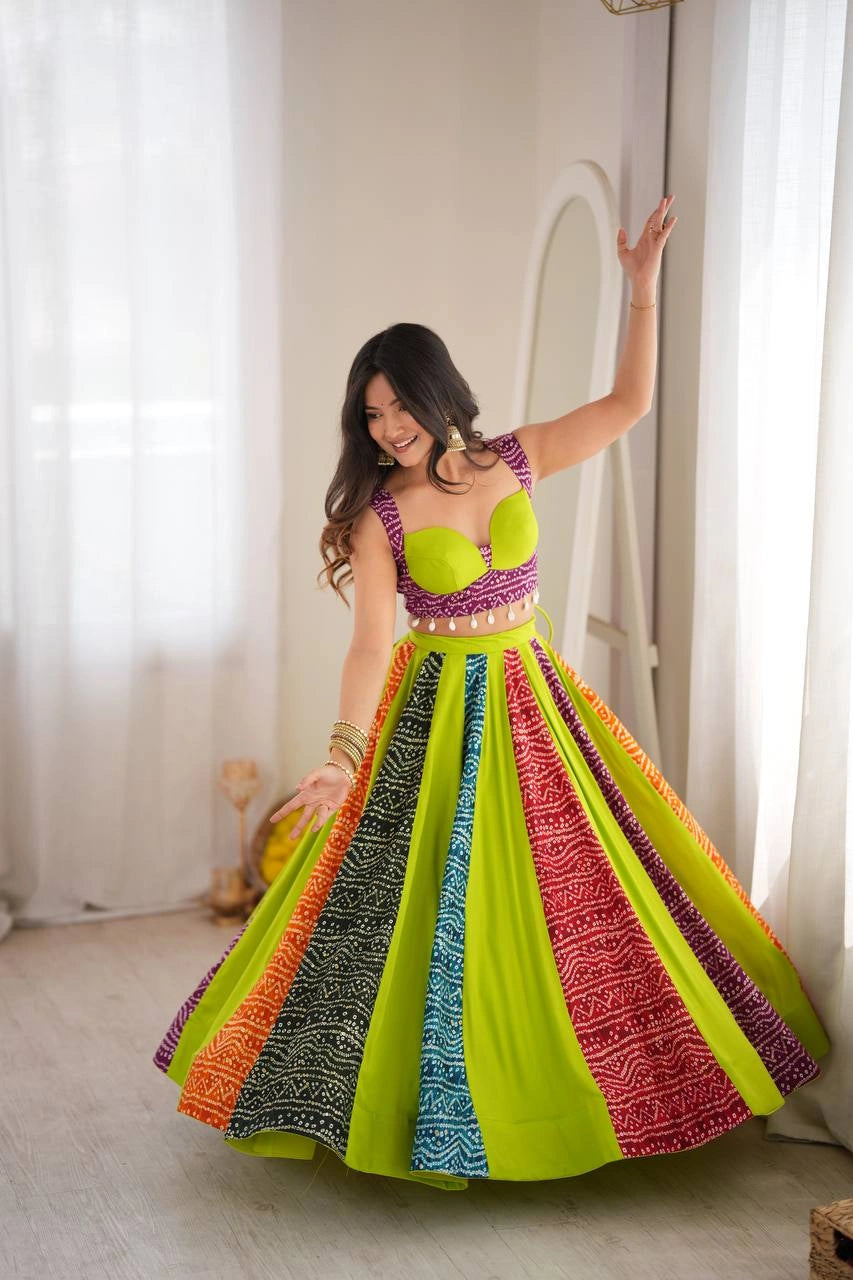 multicolor digital bandhani print lehenga 6 meter flair kalyanja KL190
