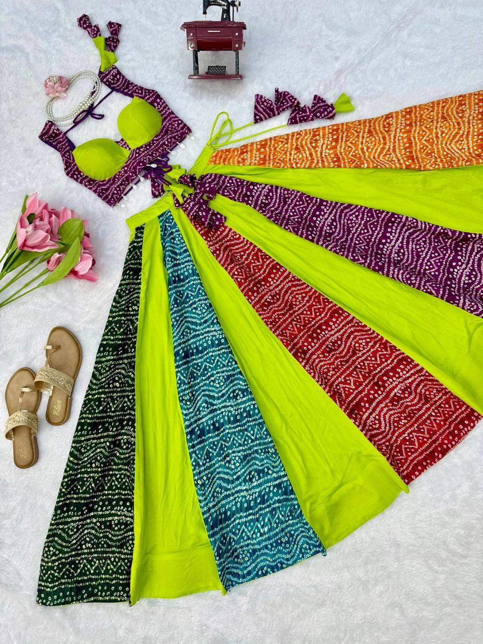 multicolor bandhani lehenga panel detail flat lay kalyanja KL190