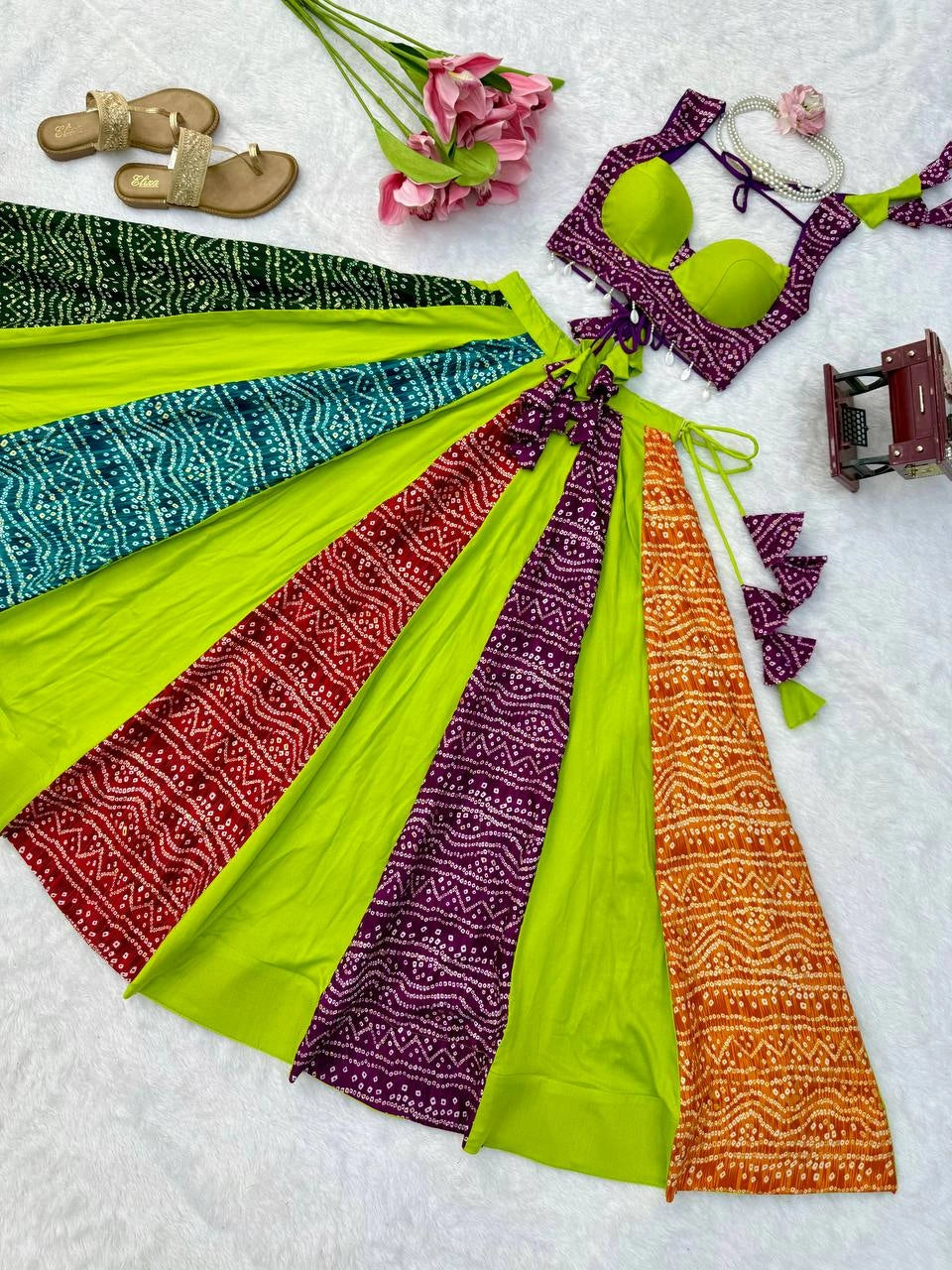 multicolor bandhani lehenga choli flat lay kalyanja KL190