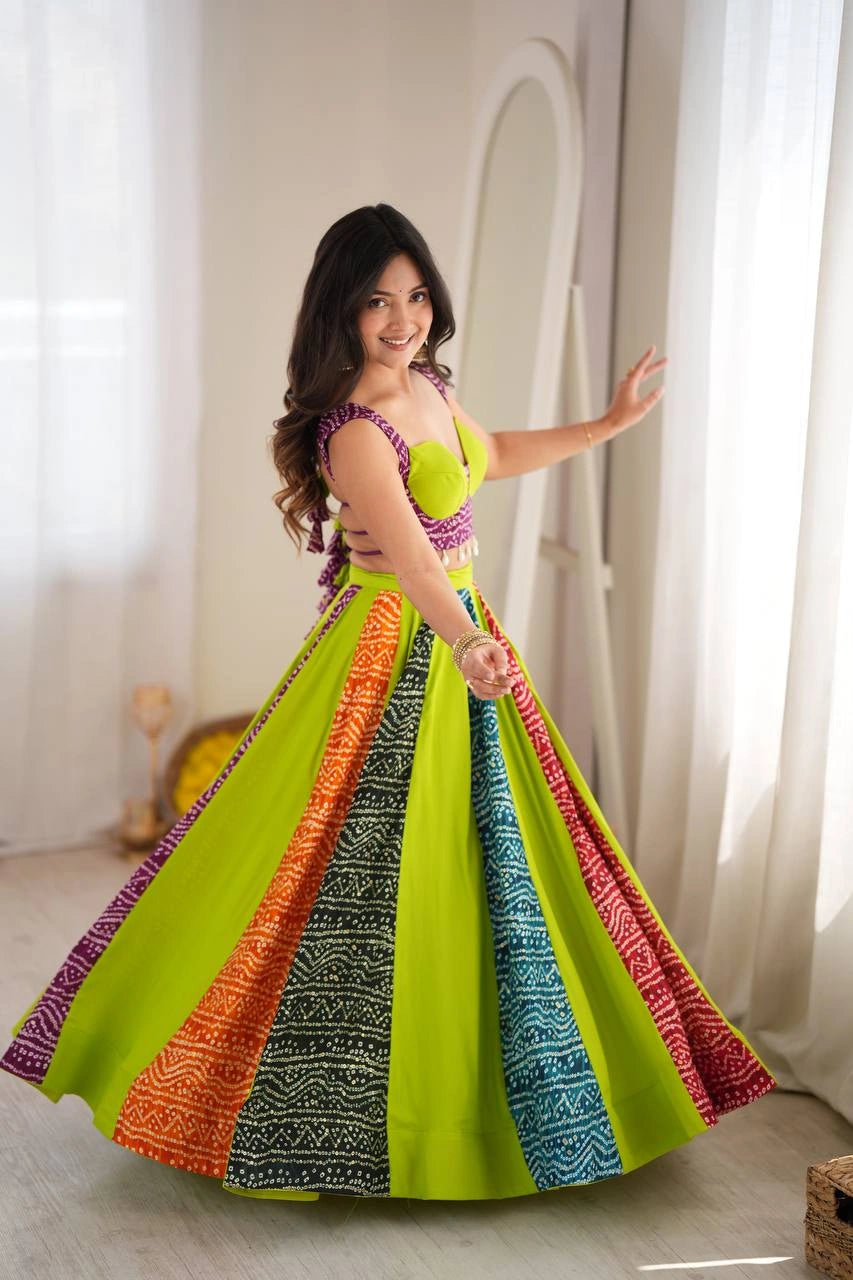 multicolor bandhani lehenga side twirl kalyanja KL190