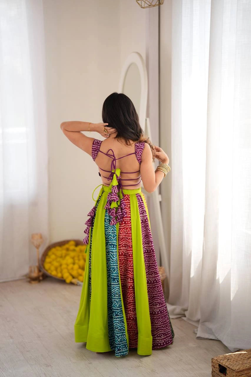 multicolor bandhani lehenga back standing view kalyanja KL190