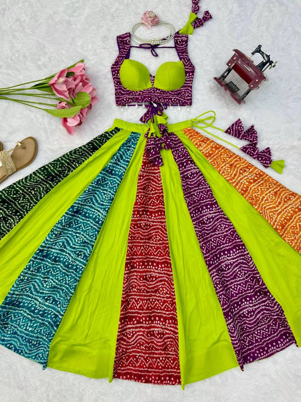 multicolor bandhani lehenga set fan spread flat lay kalyanja KL190