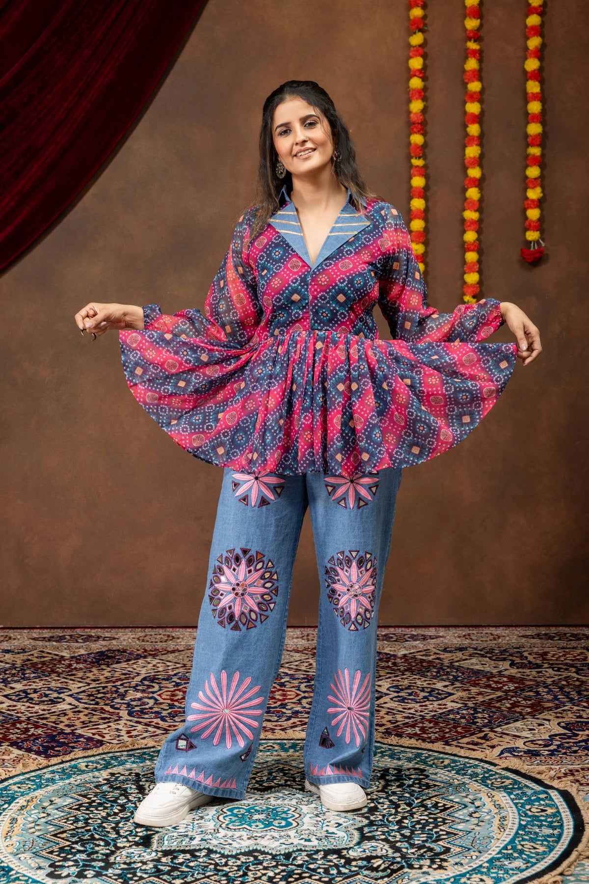 Multicolor Embroidered Coord Set Faux Georgette Kediya Mirror Gota Work Kalyanja KC15
