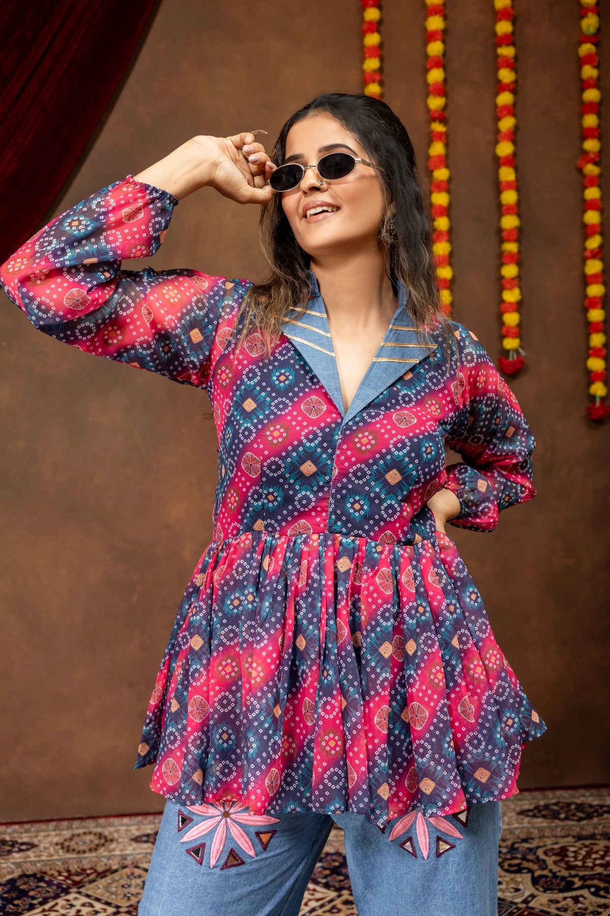Multicolor Bandhani Coord Set Kediya Top Collar Gota Lace Kalyanja KC15
