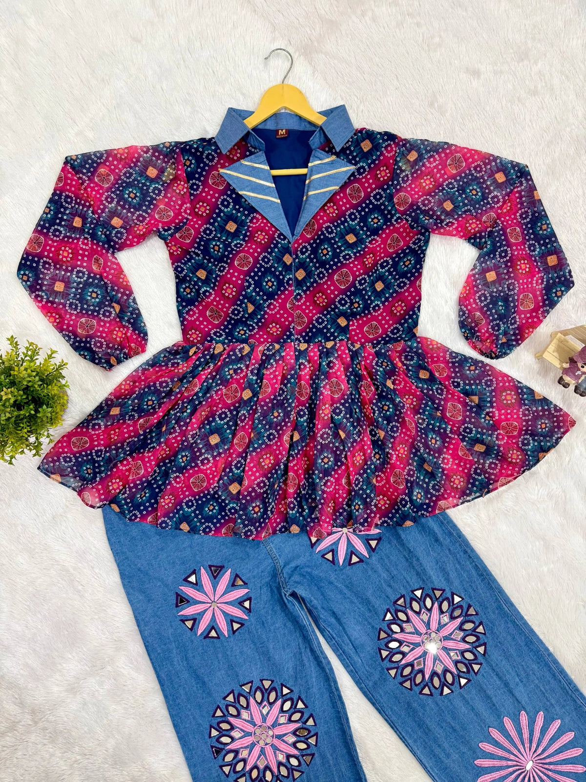 Embroidered Denim Jeans Mirror Work Kediya Top Flat Lay Kalyanja KC15