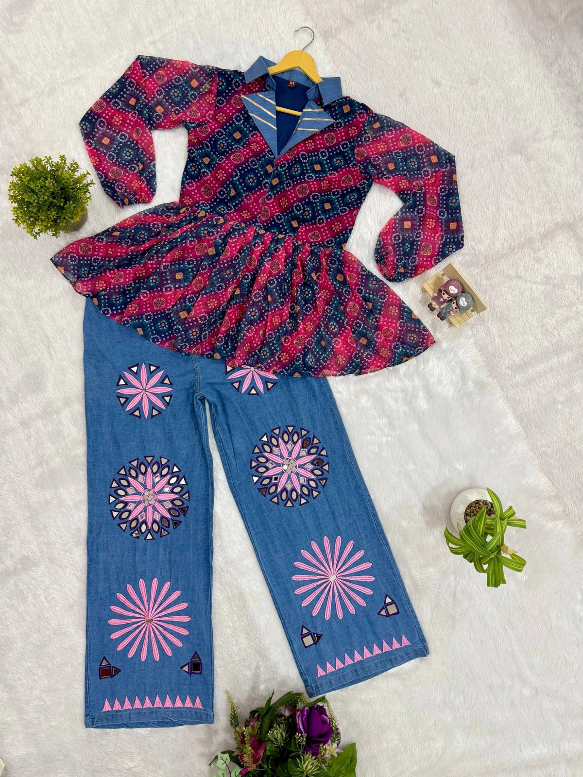 Multicolor Coord Set Bandhani Faux Georgette Flat Lay Kalyanja KC15
