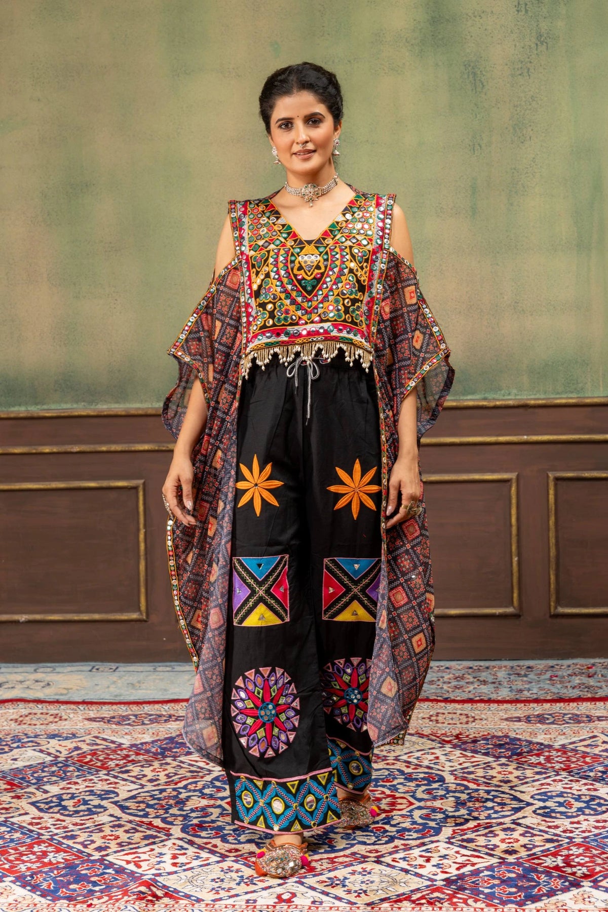 Multicolor Embroidered Coord Set Faux Georgette Kaftan Mirror Work Kalyanja KC18