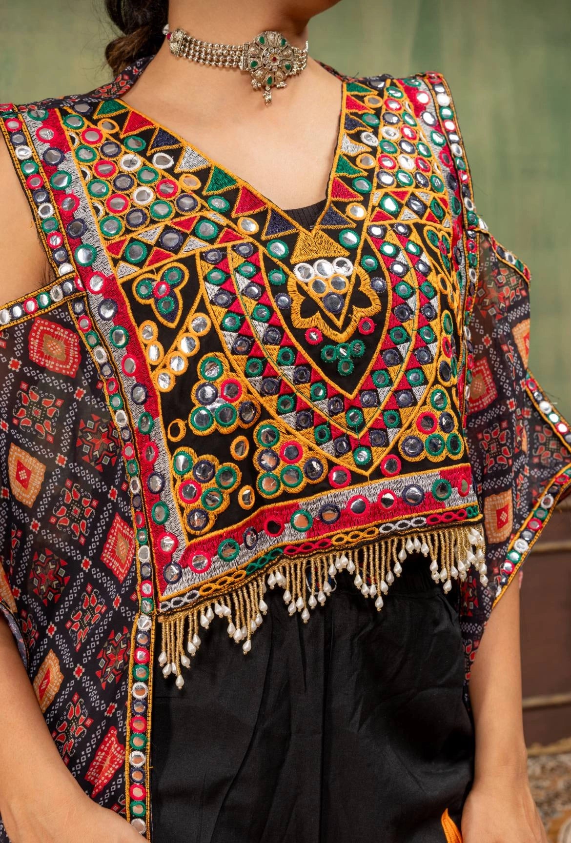 Kutchi Mirror Work V-Neck Embroidery Close Up Faux Georgette Kalyanja KC18