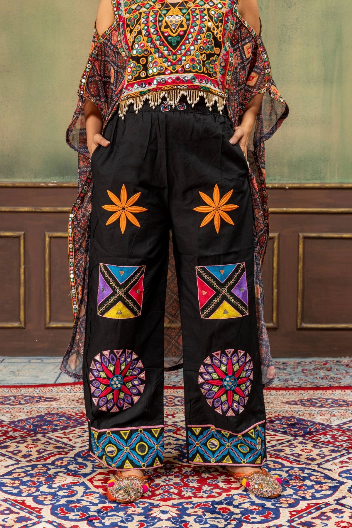 Black Embroidered Jeans Lower Body Kutchi Mirror Work Kalyanja KC18