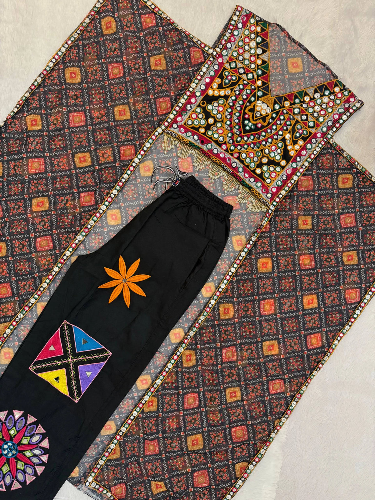 Multicolor Embroidered Coord Set Flat Lay Kaftan And Jeans Kalyanja KC18