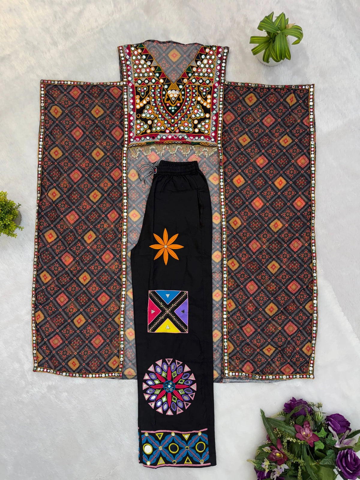 Multicolor Kaftan Mirror Work Flat Lay Both Pieces White Background Kalyanja KC18