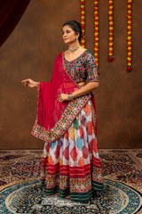 Multicolor Embroidered Lehenga – standing side with dupatta – KL187 – Kalyanja