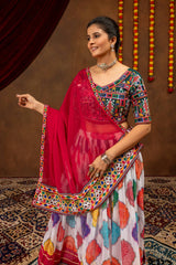Multicolor Embroidered Lehenga – standing front dupatta draped – KL187 – Kalyanja