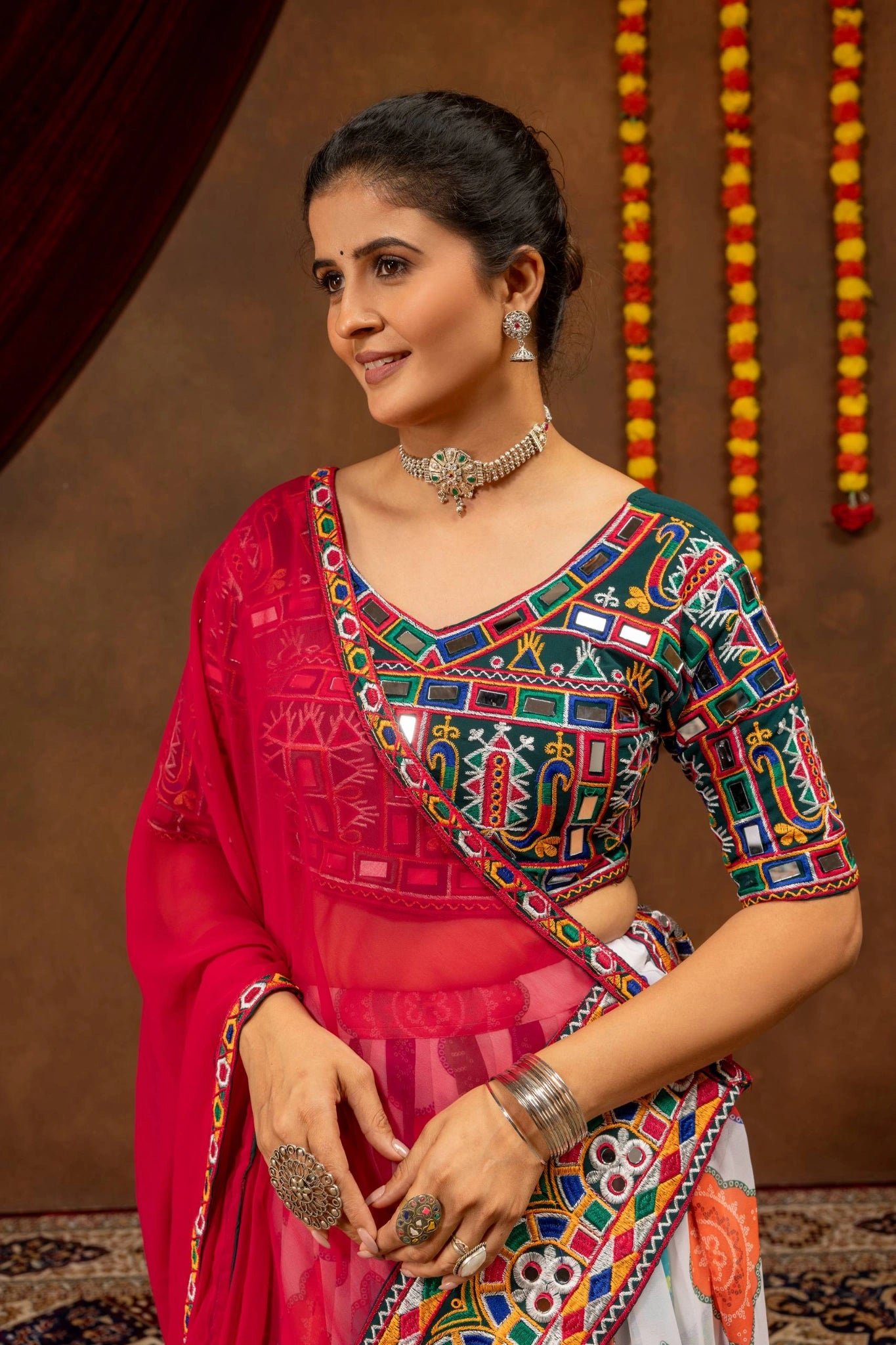 Multicolor Embroidered Lehenga – choli V-neck close-up Kutchi mirror work – KL187 – Kalyanja