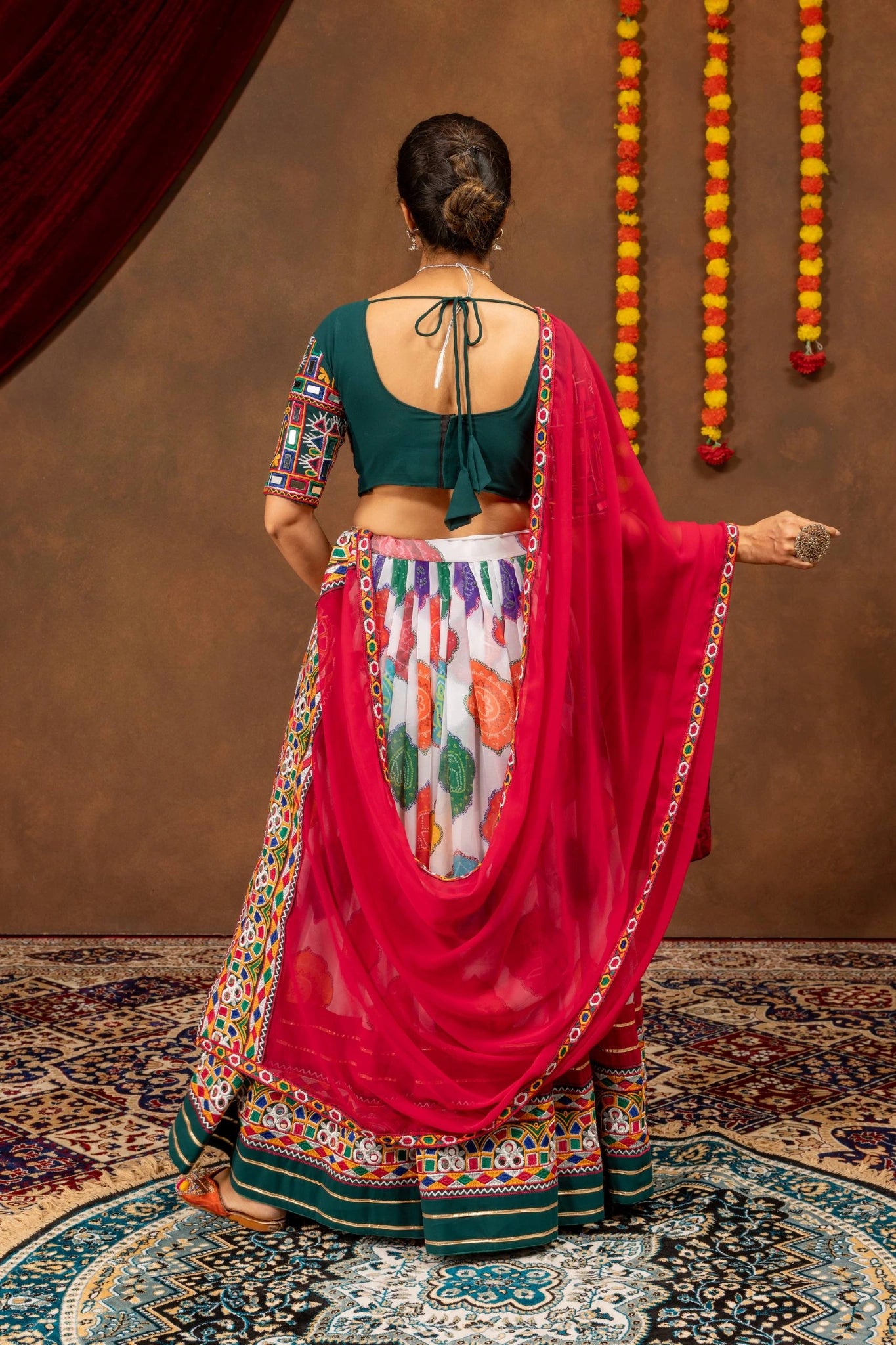 Multicolor Embroidered Lehenga – back view open dori tie-up – KL187 – Kalyanja