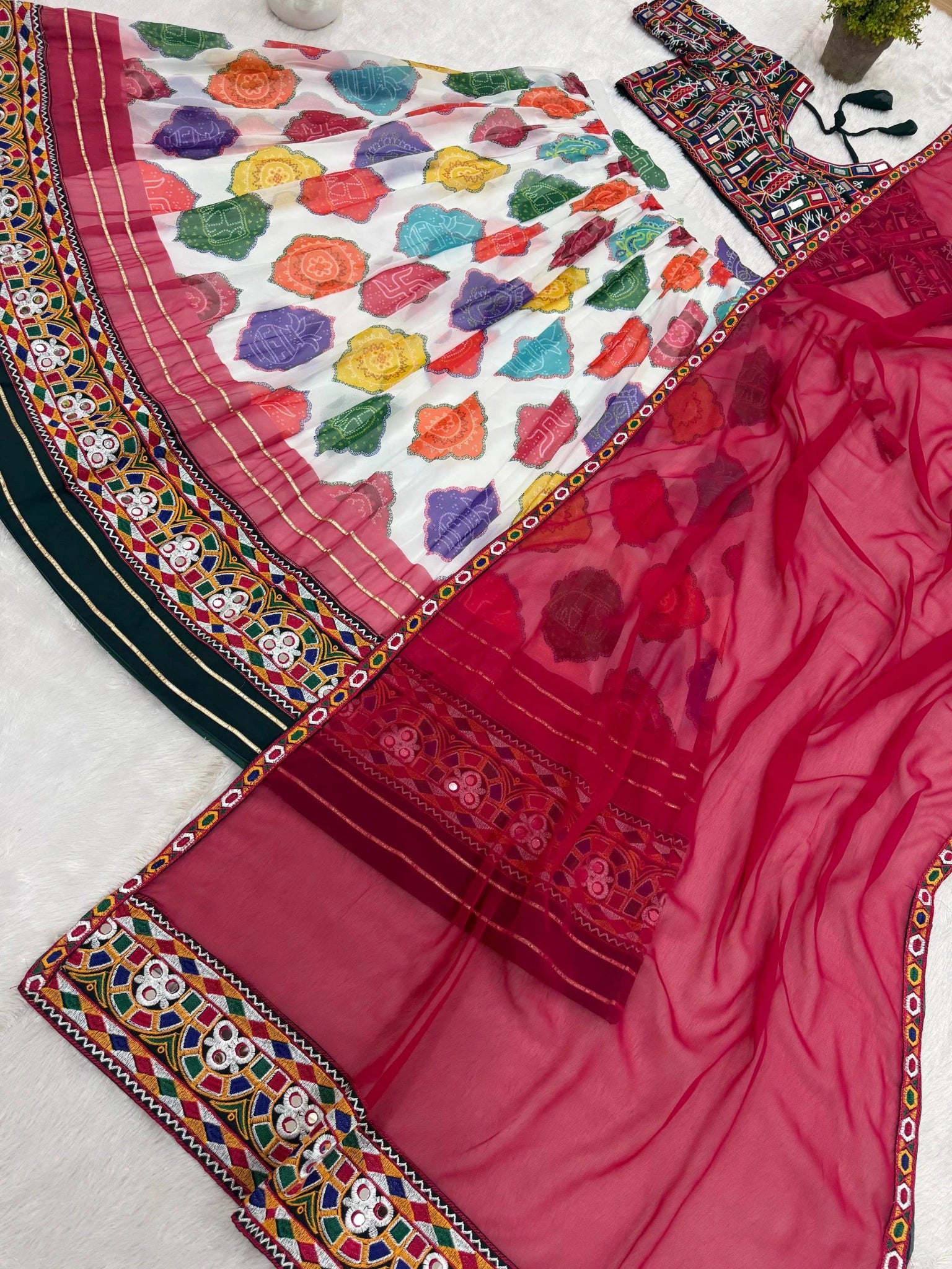 Multicolor Embroidered Lehenga – flat lay skirt and dupatta detail – KL187 – Kalyanja