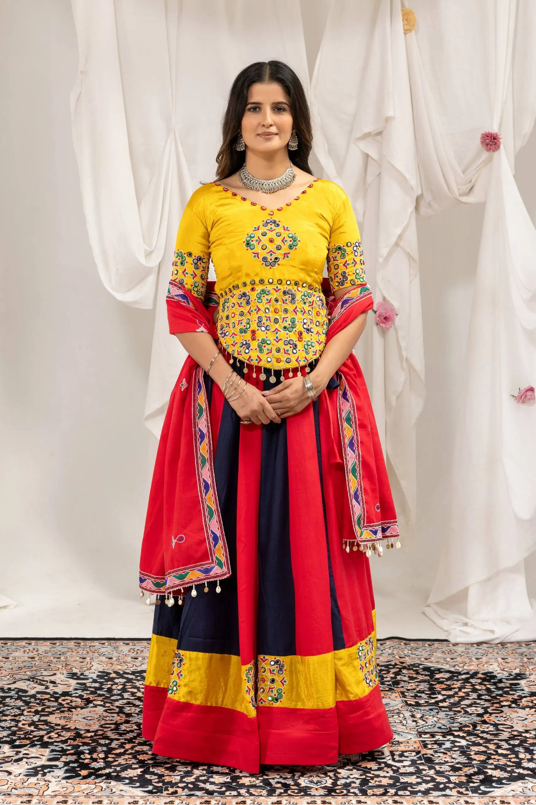 Multicolor Embroidered Mirror Work Lehenga front view – Kalyanja KL163