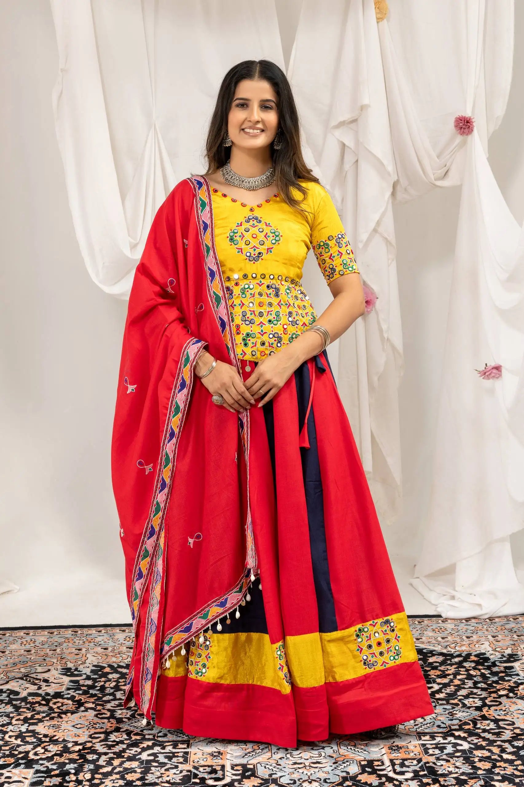 Multicolor Embroidered Mirror Work Lehenga standing front second model – Kalyanja KL163