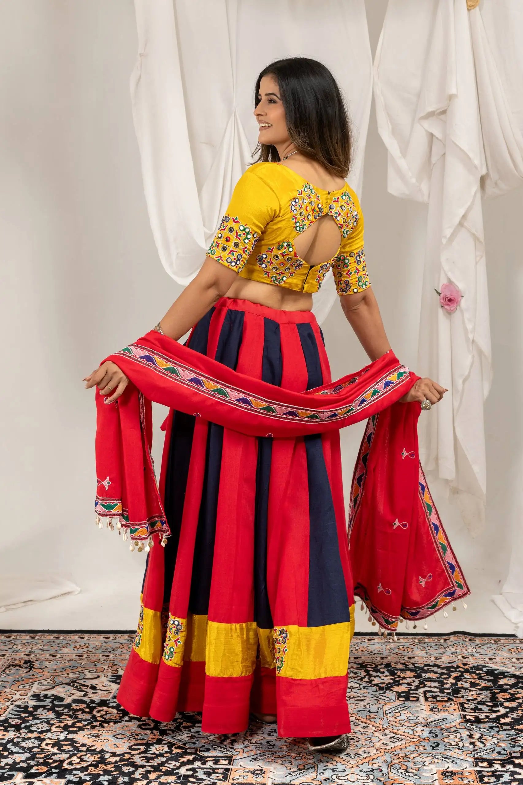 Multicolor Navratri Lehenga back view with dupatta – Kalyanja KL163