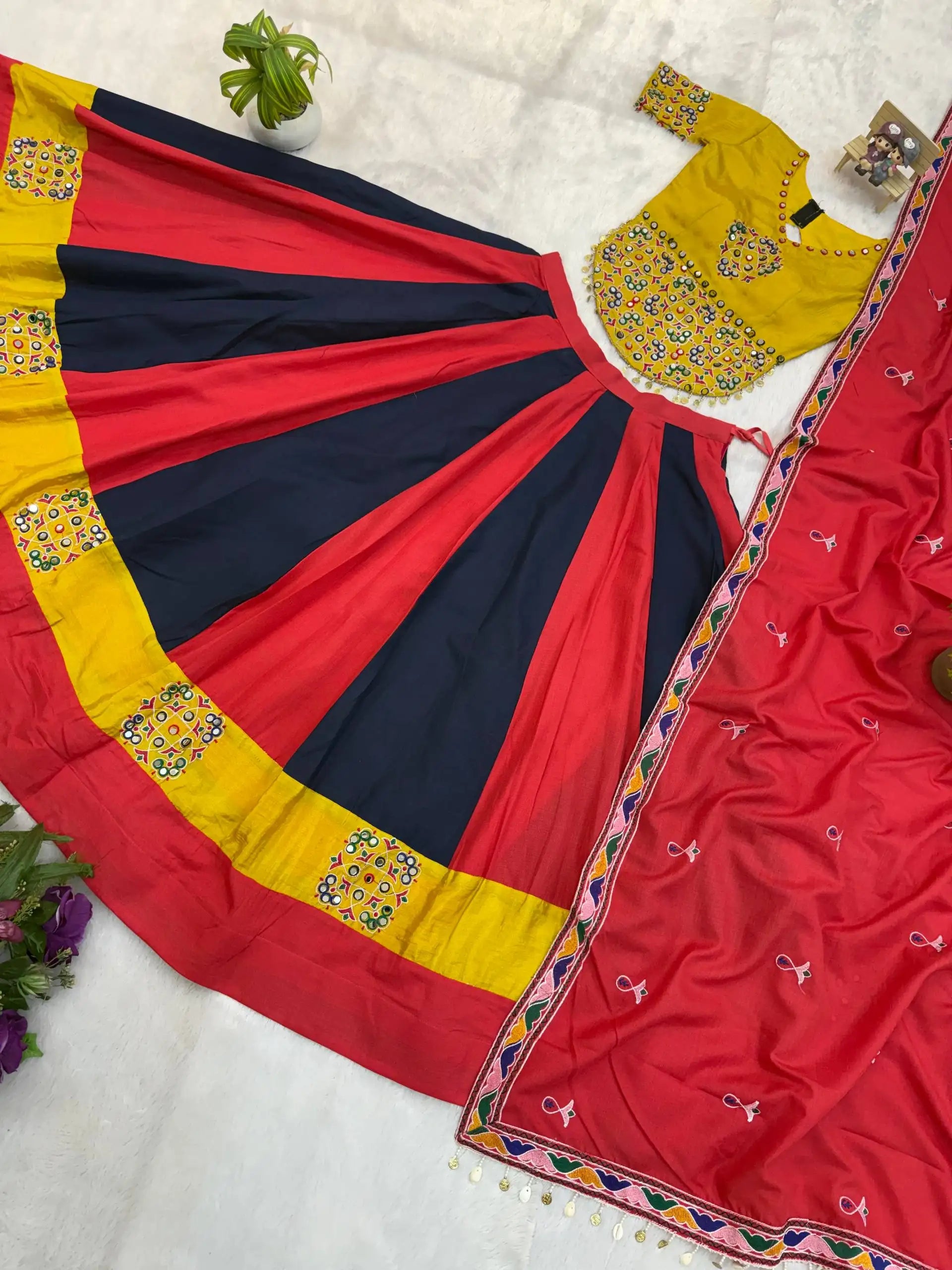Multicolor Embroidered Lehenga flat lay set view 1 – Kalyanja KL163