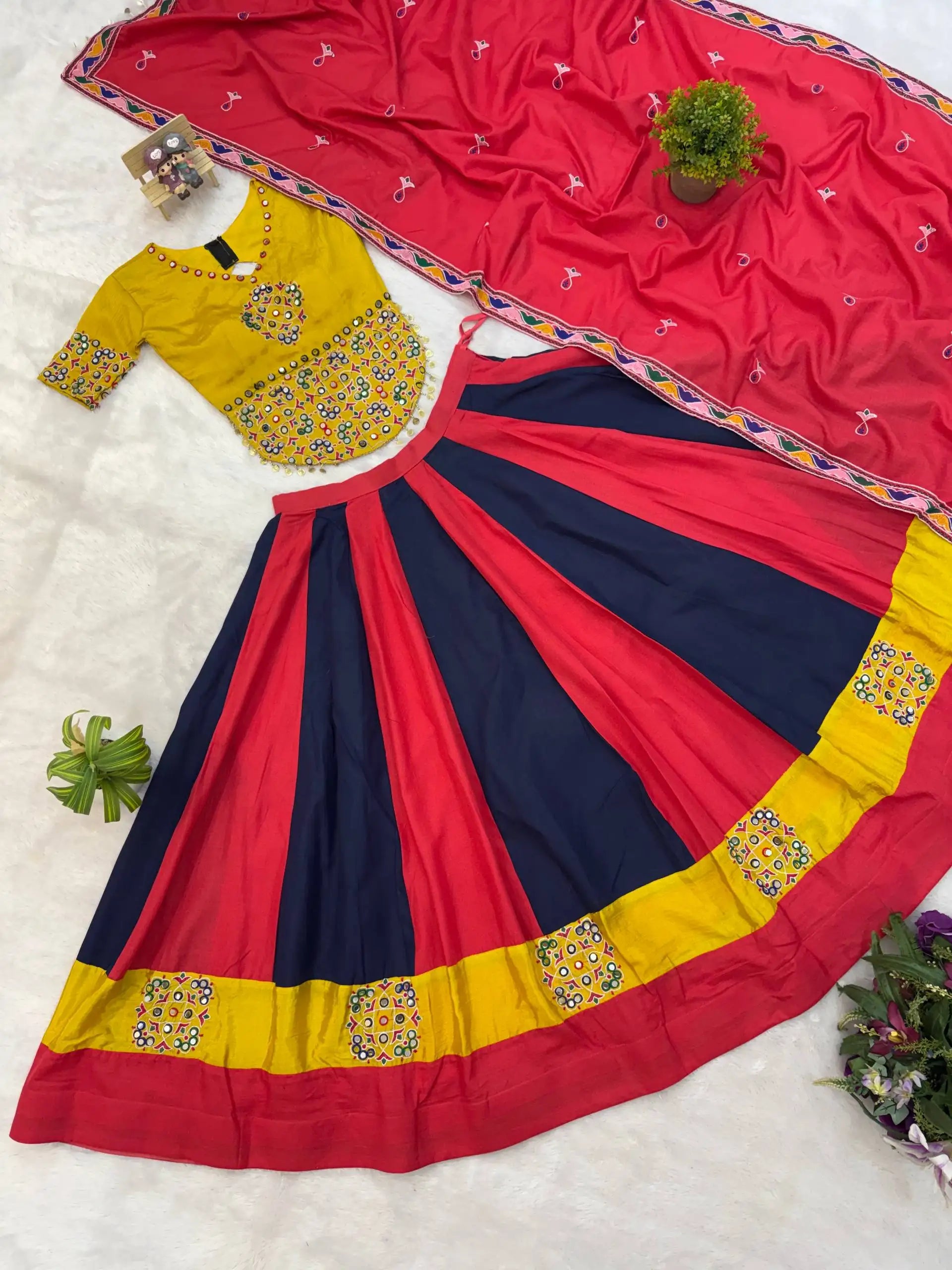 Multicolor Embroidered Lehenga flat lay all 3 pieces – Kalyanja KL163