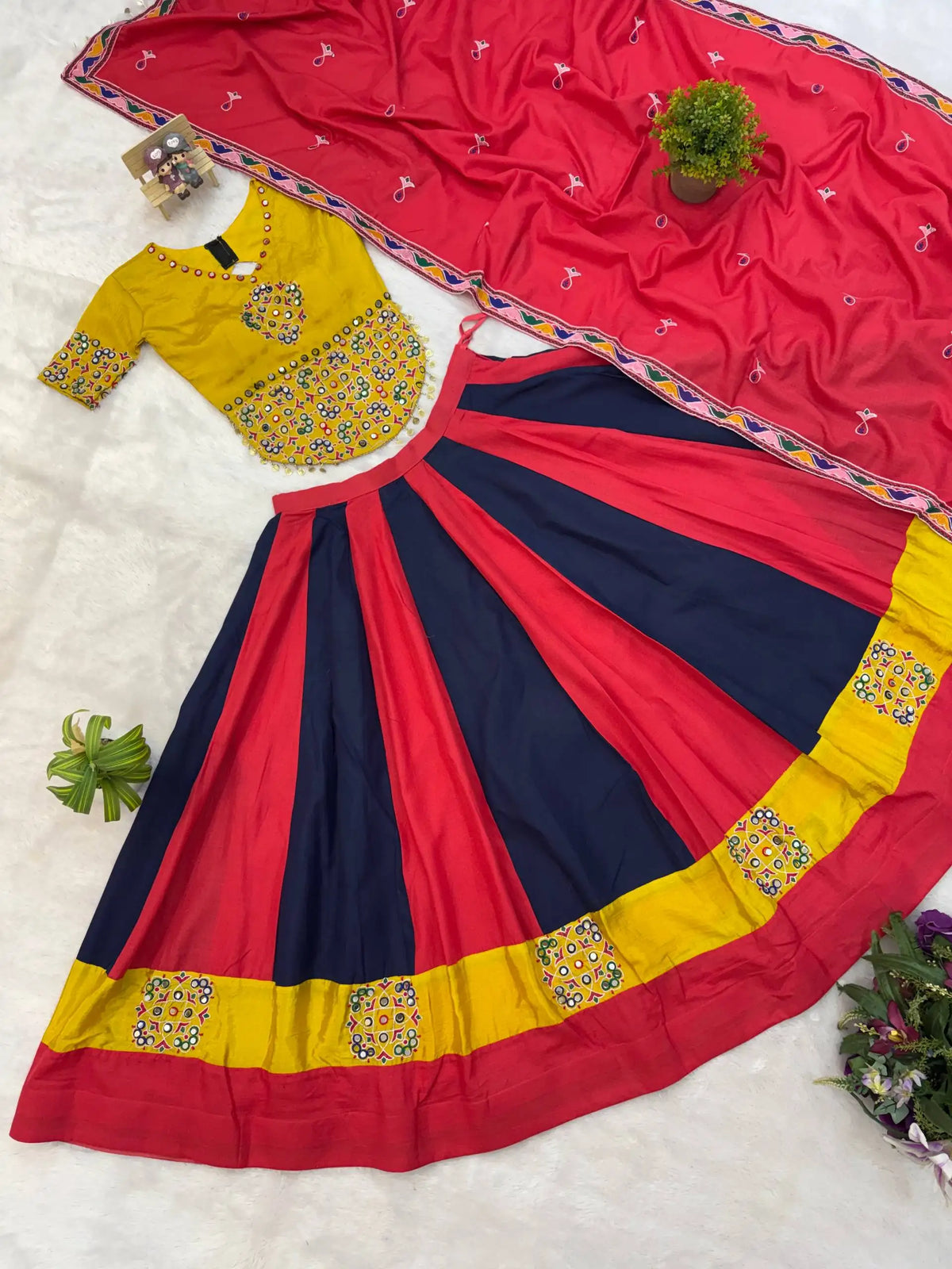 Multicolor Embroidered Lehenga flat lay all 3 pieces – Kalyanja KL163