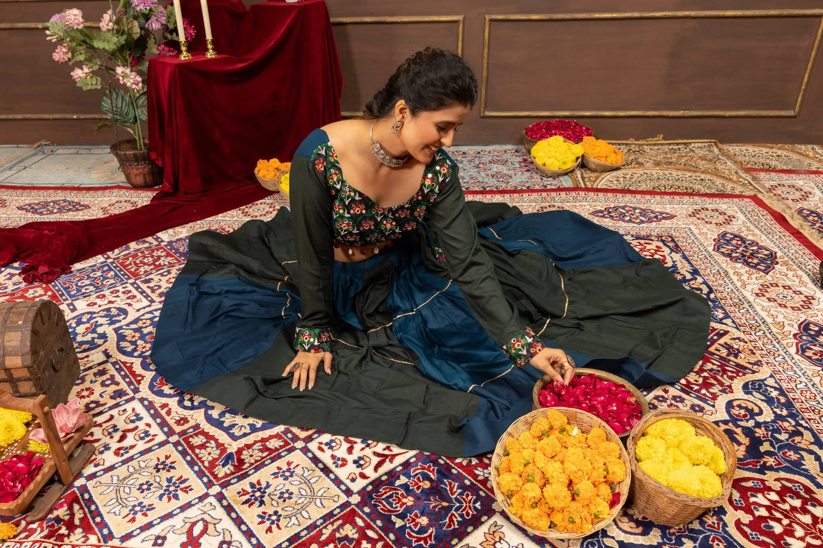 Multicolor Garba Lehenga floor seated spread 6m tiered skirt – Kalyanja KL166