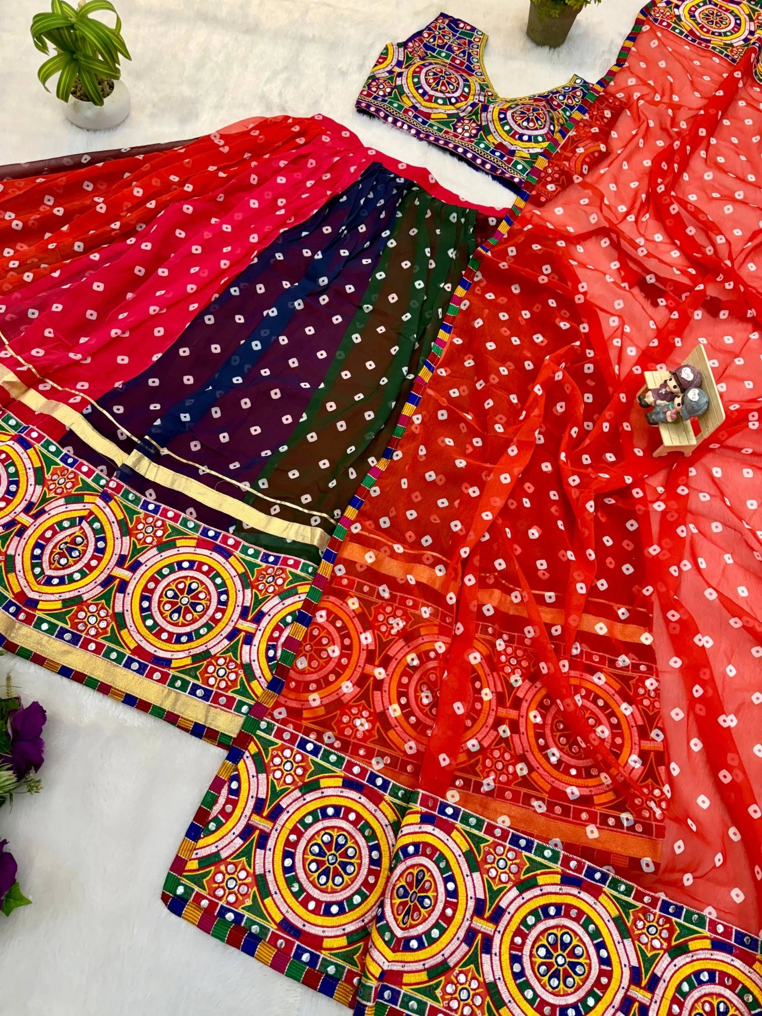 Multicolor Kutchi Embroidered Fancy Lace Lehenga Flat Lay Kalyanja KL178
