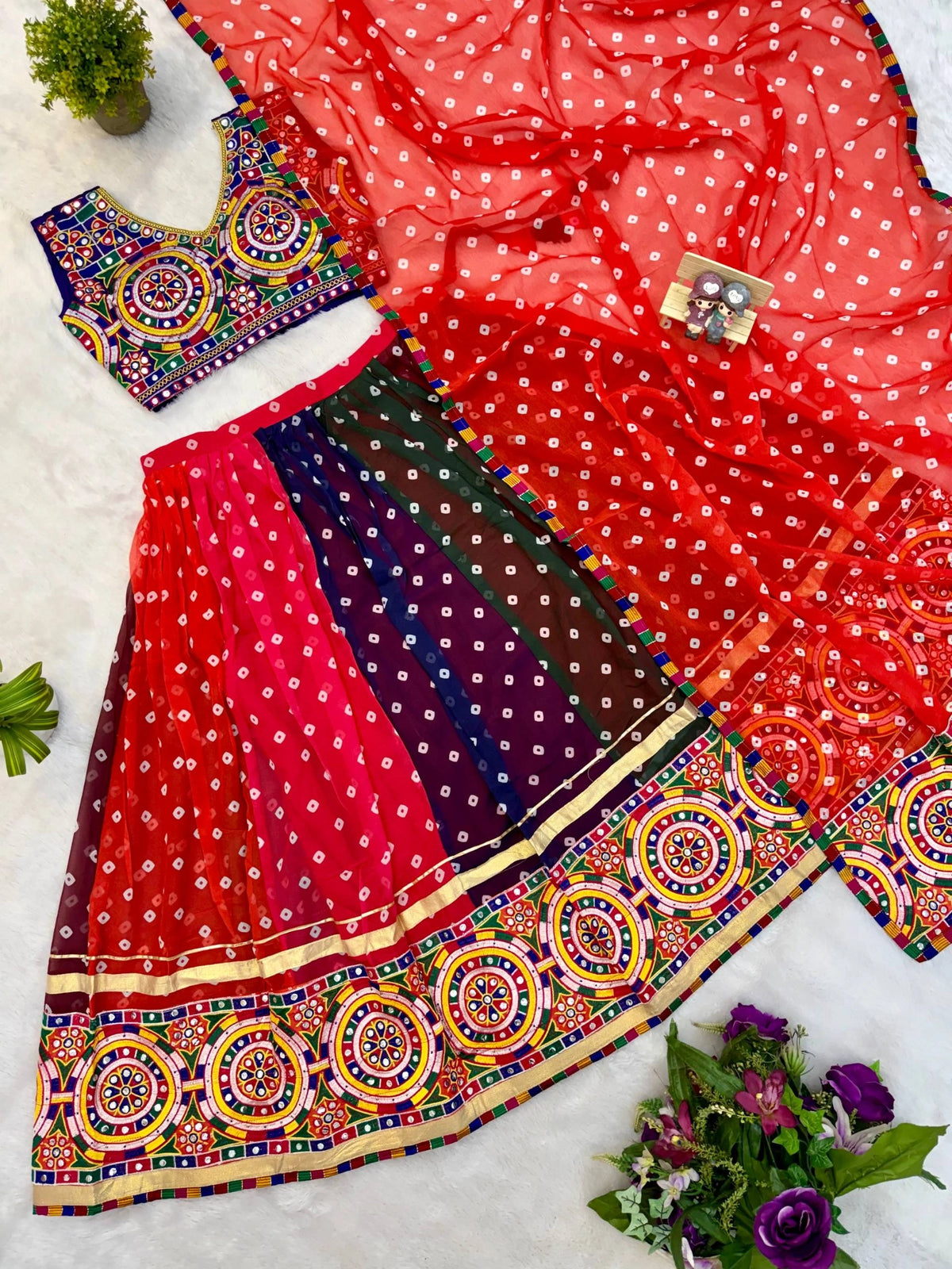 Multicolor Faux Georgette Lehenga Choli Dupatta Flat Lay KL178