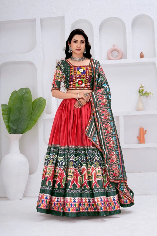 Multicolor Gamthi Mirror Handwork Lehenga Front View - Kalyanja KL194