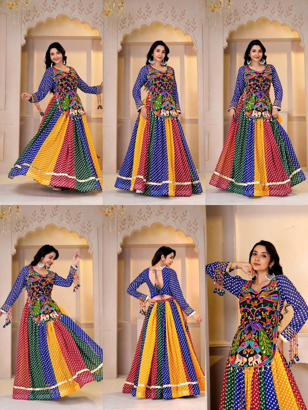 Multicolor Gamthi With Mirror Kodi Work Lehenga Multi Angle View - Kalyanja KL192
