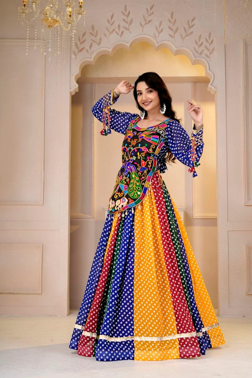 Multicolor Gamthi With Mirror Kodi Work Lehenga Front View - Kalyanja KL192