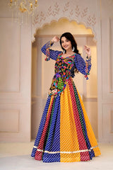 Multicolor Gamthi With Mirror Kodi Work Lehenga Front View - Kalyanja KL192