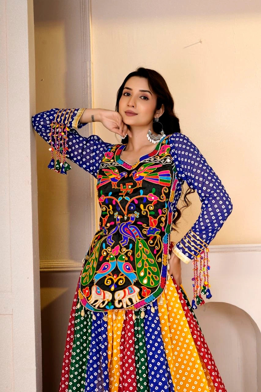 Multicolor Cotton Blend Gamthi Lehenga Full Length Pose - Kalyanja KL192