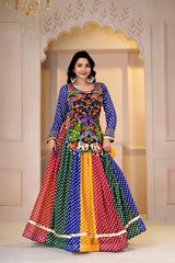 Multicolor Panelled Bandhani Skirt Gamthi Lehenga - Kalyanja KL192