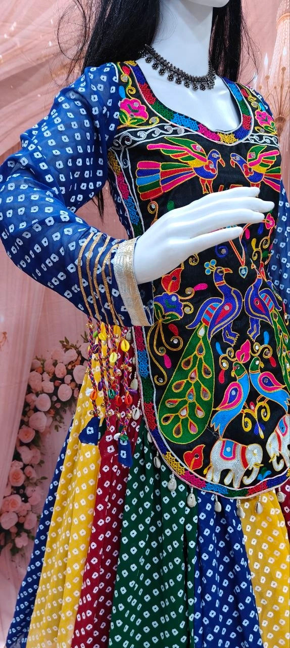 Multicolor Bandhani Panel Lehenga with Gamthi Choli - Kalyanja KL192