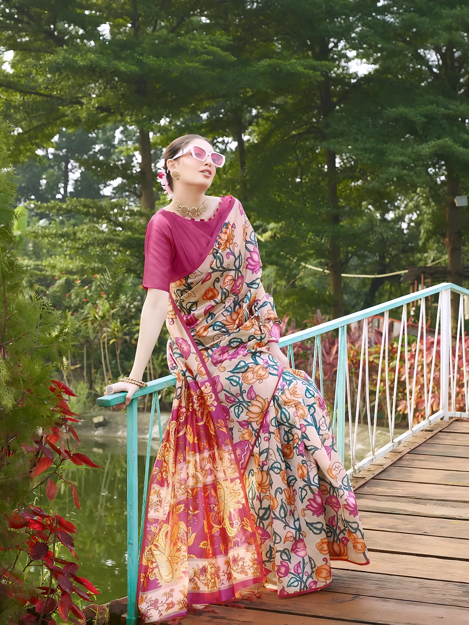 Multicolor Madhubani Printed Saree Floral Bridge Garden