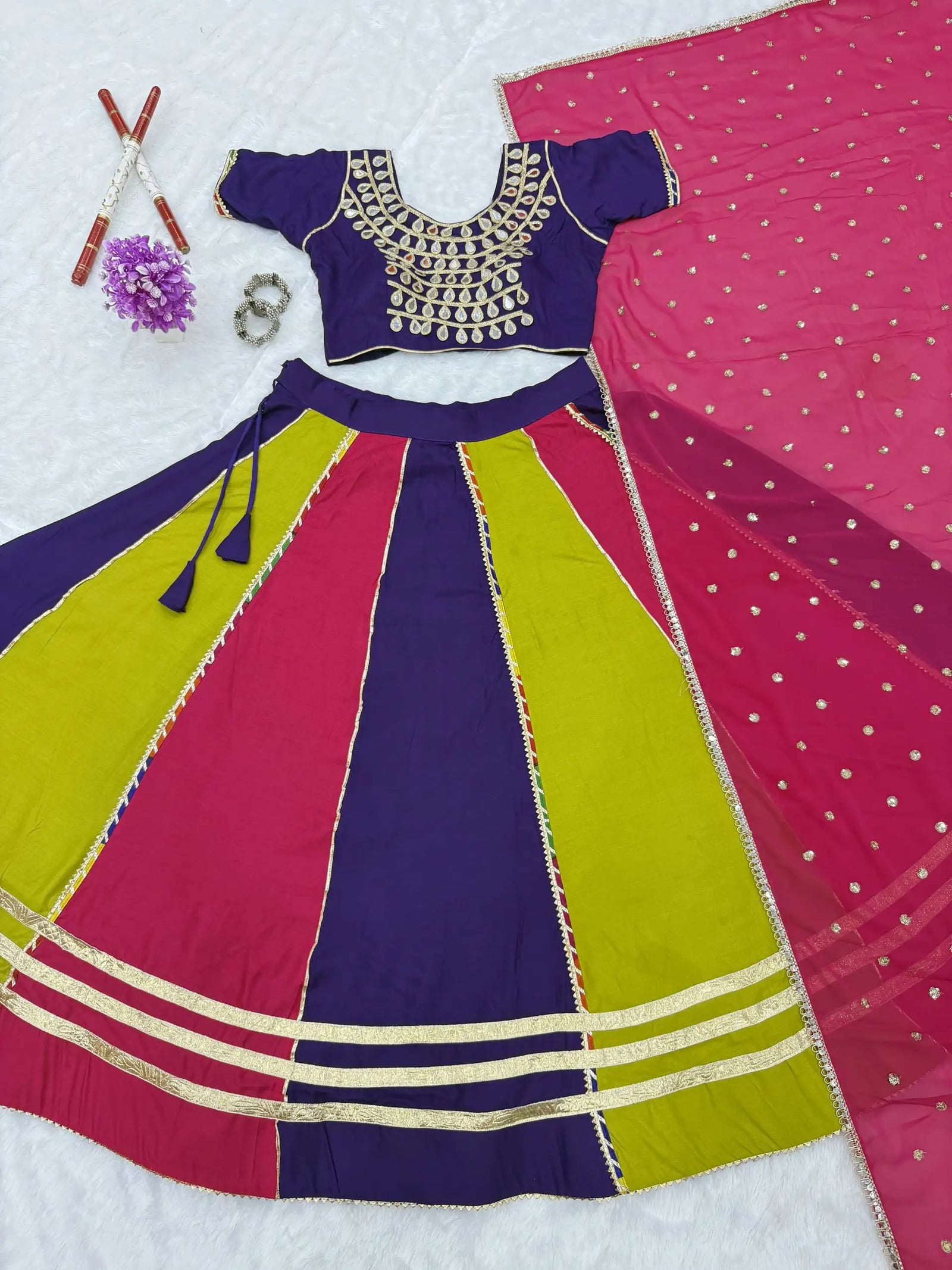 Cotton Blend Panelled Lehenga Choli Dupatta Flat Lay KL177
