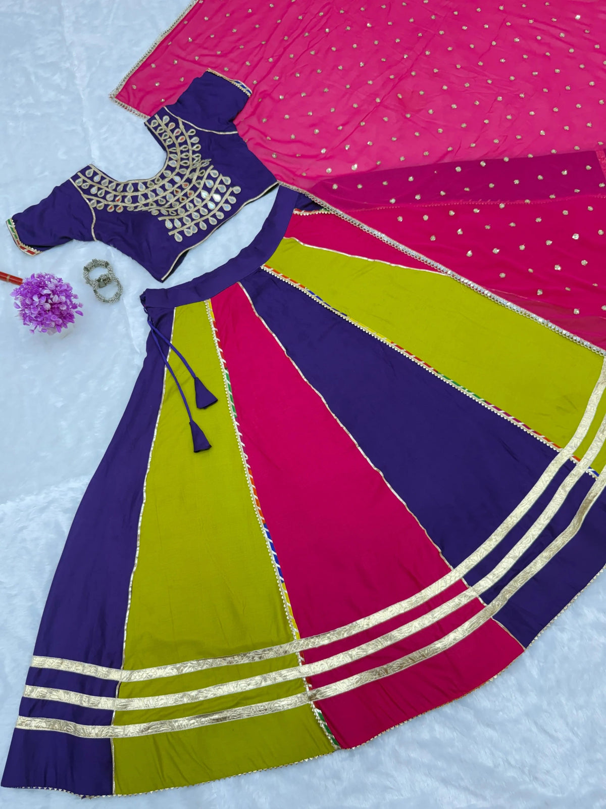 Multicolor Mirror Fancy Lace Work Lehenga Flat Lay Kalyanja KL177