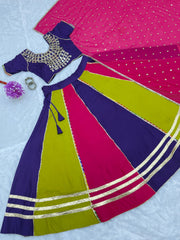 Multicolor Mirror Fancy Lace Work Lehenga Flat Lay Kalyanja KL177