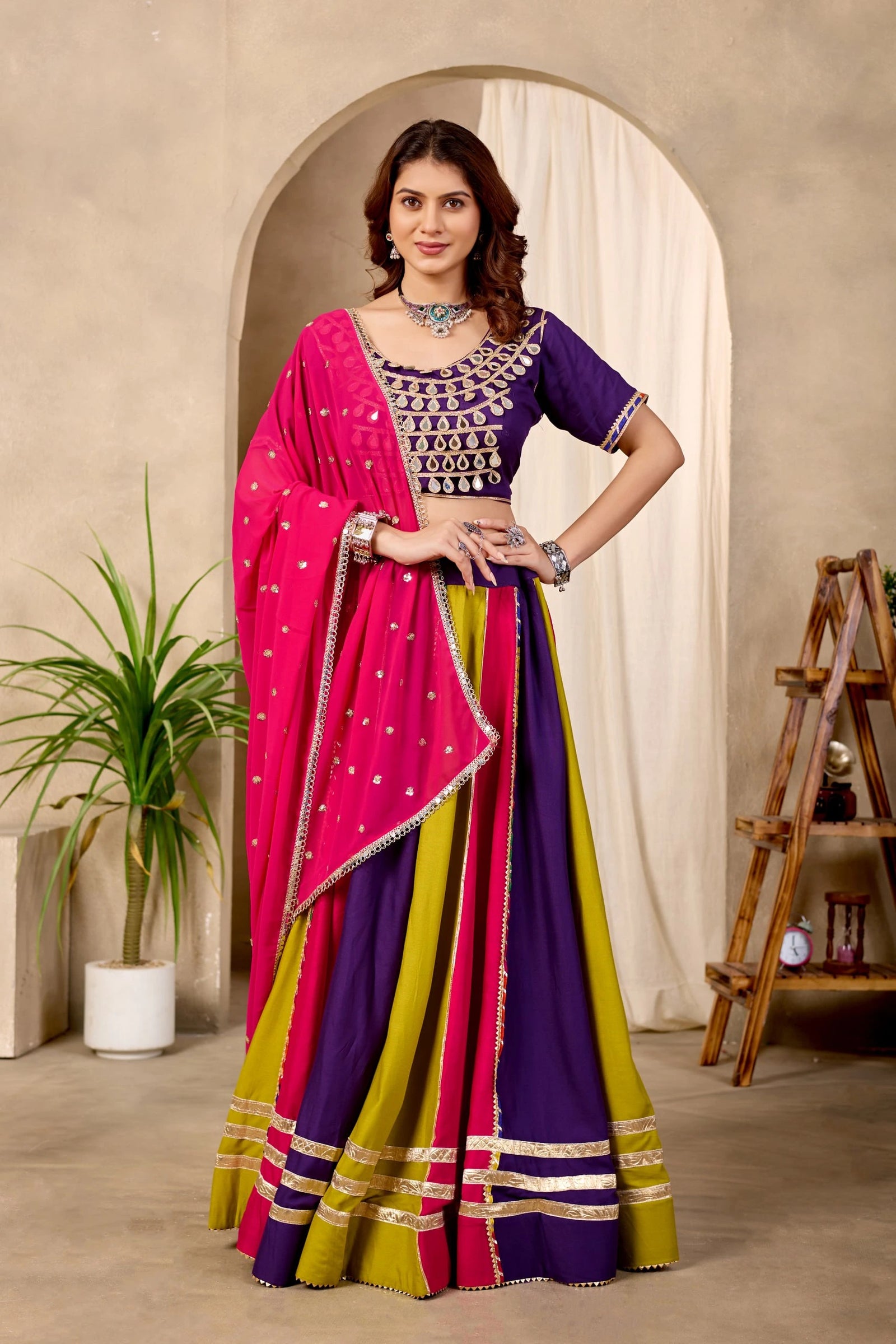 Multicolor Mirror with Fancy Lace Work Lehenga Front View Kalyanja KL177