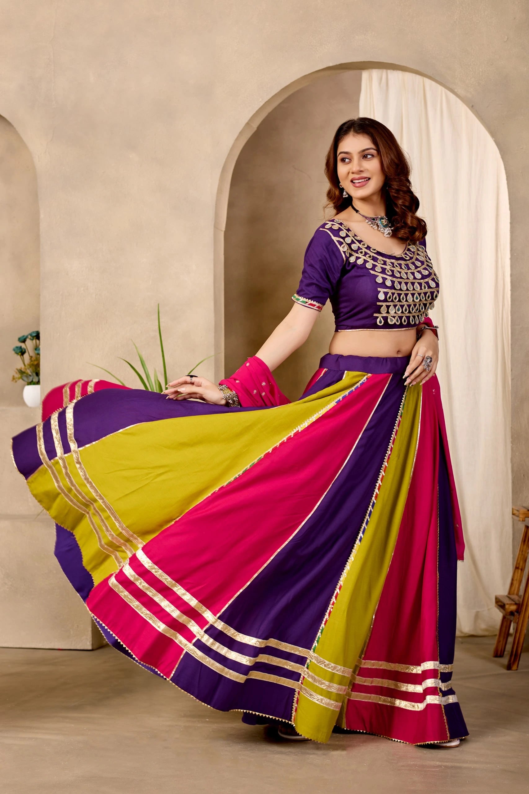 Multicolor Mirror Lace Lehenga Action Pose KL177