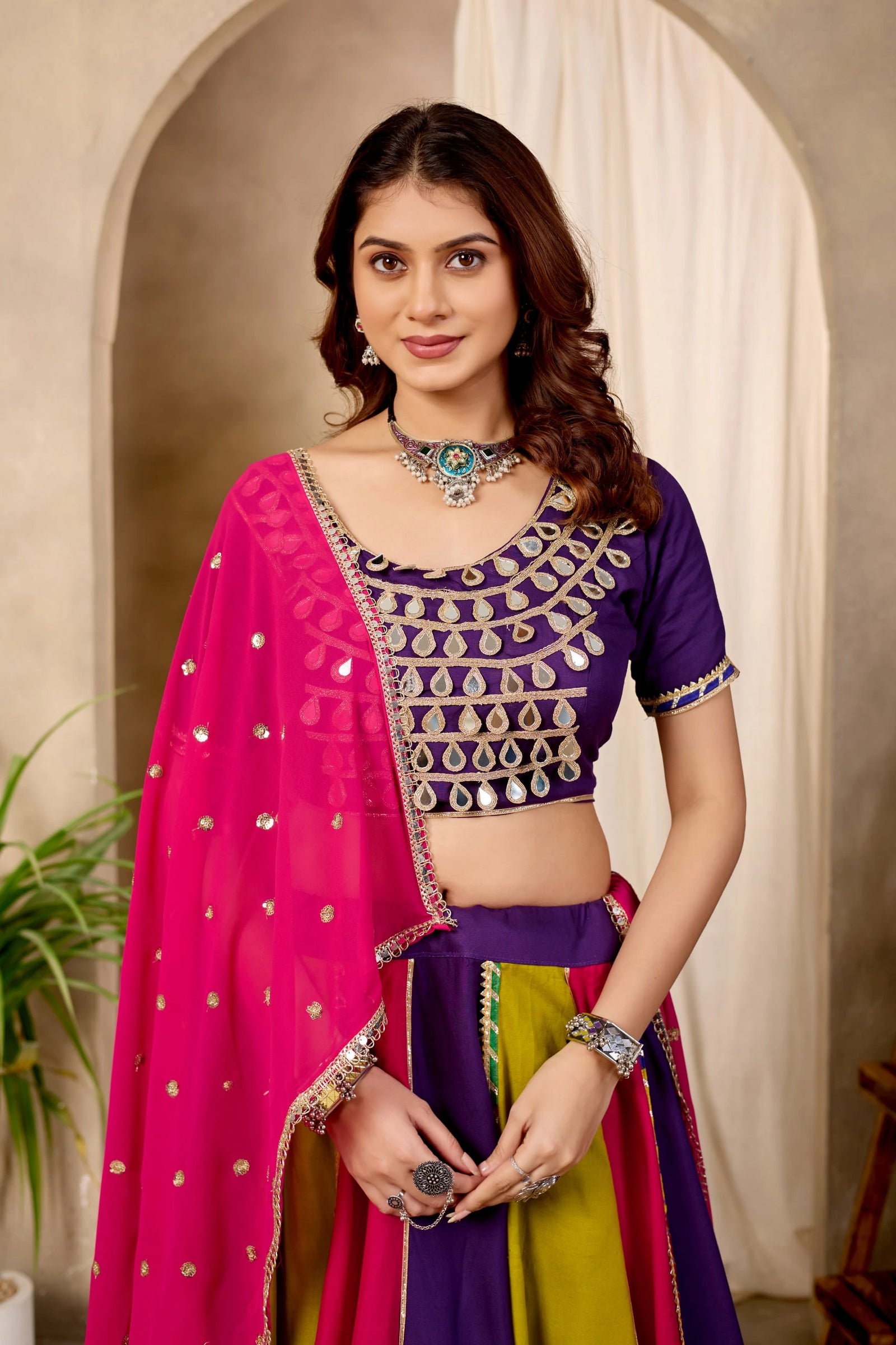 Mirror with Fancy Lace Work Purple Choli Close Up KL177